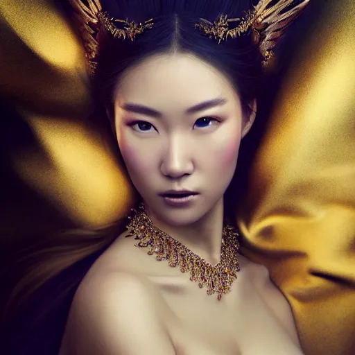 Prompt: beautiful elegant mongolian princess royalty portrait in a sensual pose, she is spreading her wings, face centered portrait, full face makeup, confident, fog, volumetric lighting, beautiful, golden hour, sharp focus, ultra detailed, conceptartworld by leesha hannigan, ross tran, thierry doizon, kai carpenter, ignacio fernandez rios