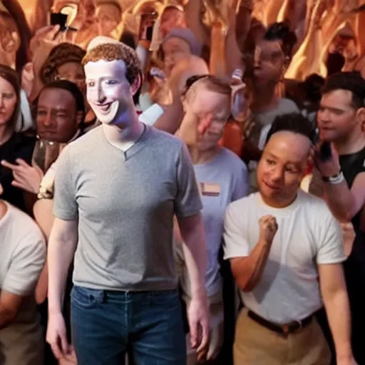 Image similar to mark zuckerberg standing straight in the middle of a club, people are dancing around him, there are toilet seats next to him, very detailed, hyper realistic.