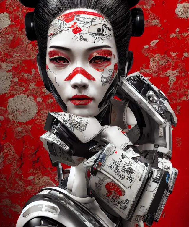 Image similar to an epic fantastic realism comic book style portrait painting of a japanese robotic geisha with kanji tattoos and decals, apex legends, octane render, intricate detail, 4 k hd, unreal engine 5