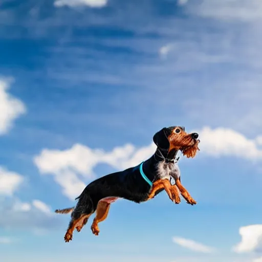 Image similar to grey, elderly wire-haired dachshund flying in heaven, floating in the sky, blue sky, surrounded by beautiful white clouds, heaven landscape