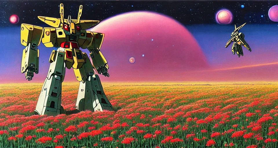 Image similar to a beautiful painting of a large mechanical mecha gundam in a field of flowers by moebius, underneath a star filled night sky, harold newton, zdzislaw beksinski, donato giancola, warm coloured, gigantic pillars and flowers, maschinen krieger, beeple, star trek, star wars, ilm, atmospheric perspective