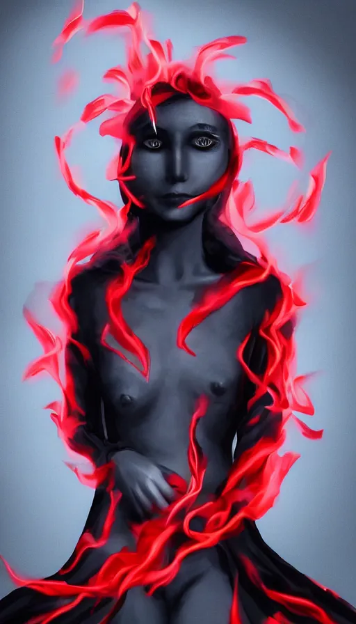 Image similar to Woman made of black flames, wearing a strict business suit, with no face, with glowing red eyes, with a red halo over her head, with red halo glowing out of her wrists, looking off to the side, growing out of a giant rose, rose petals flying in the wind, fantasy, tragic, tense, digital painting, artstation, indieground, concept art, sharp focus, by Annie Swynnerton and Nicholas Roerich, madness combat, strong dramatic cinematic lighting , blood red sky, grey skin, smooth, sharp focus, extremely detailed, illustration, Godmachine, alphonse mucha''