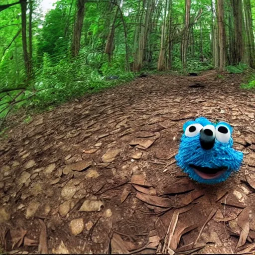 Prompt: Cookie monster caught on trail cam, trail camera footage, wide angle lens, night vision