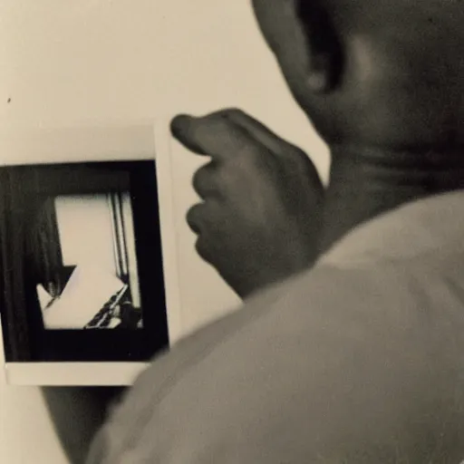 Prompt: a polaroid photo of a a computer checking its man checking his emails from the point of view of a computer screen