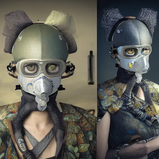 Prompt: japanese solarpunk model in a ceremony with extremely detailed respirators and head gear, inspired by die antwoord beautiful, hand painted textures, cloth physics, deviantart, karol bak, masamune shirow, black and white, beautiful kawaii lighting, photorealistic, concept art, perfect render, 3 d render, pixar, 8 k