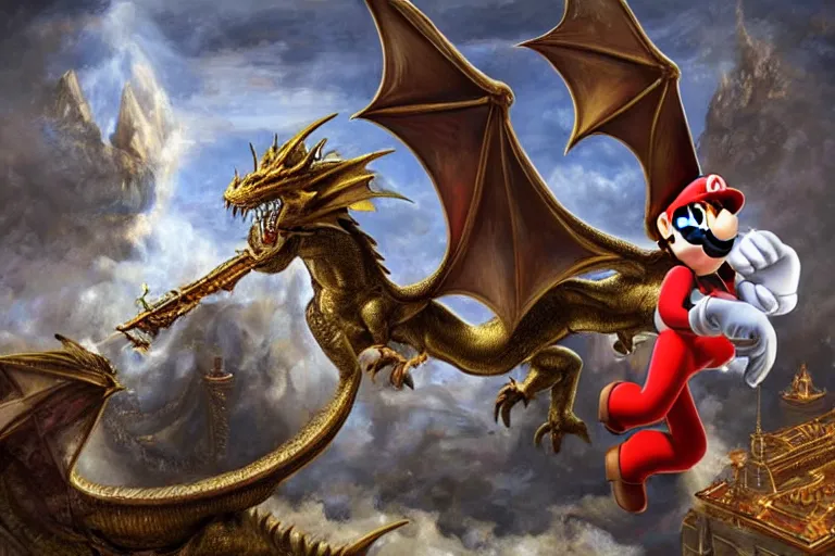 Image similar to Mario Draghi on a dragon fantasy art realistic incredible