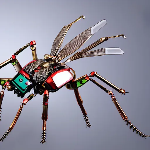 Prompt: 3 d render of a robotic insect with mechanical wings attached to its back, ultra detailed, hyper realistic, bold colors, metallic finish, perfect edges, fully formed, close up, action pose, ultra zoomed in, saturated colors, intricate, japanese, futuristic, white background, shadow, style transformers, style insects,