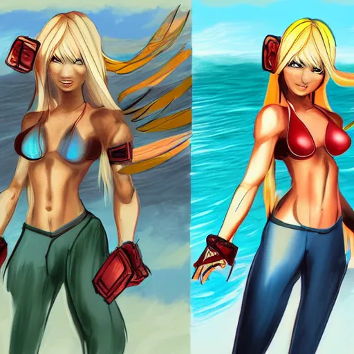 Image similar to Samus Aran\'s casual day at the beach, high quality digital art by Sakimichan