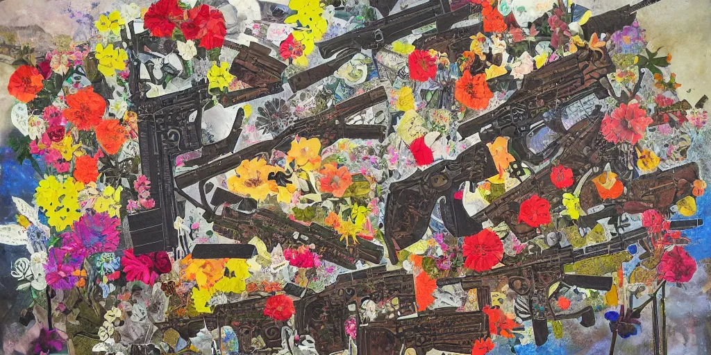 Image similar to guns and flowers, collage, acrylic on canvas, expressionism movement, breathtaking detailed, by blake neubert