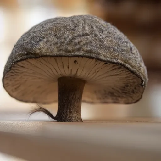 Prompt: a small domestic housecat with a broad mushroom growing atop its head