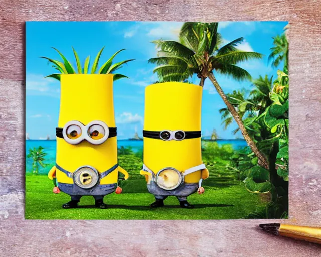 Prompt: tropical minion postcard