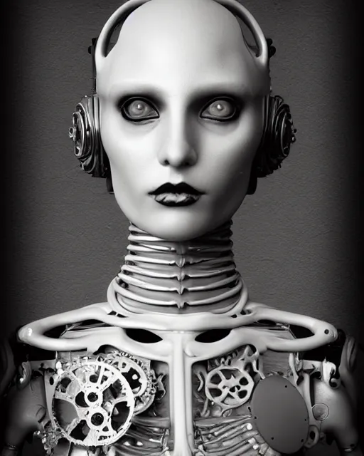 Image similar to black and white dreamy foggy smoky profile face portrait, one silver steampunk realistic eye biomechanical beautiful young female cyclope - cyborg - robot bust, body ribs meshes,, volumetric light, hibiscus flowers, by hg giger, rim light, by dora maar and cecile beaton, big gothic fashion pearl embroidered collar, 8 k