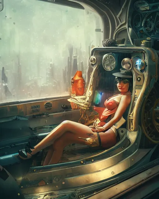 Prompt: anna carlos as a hot girl sitting in a steampunk spaceship, beautiful realistic upper body, beautiful face, portrait, trending on artstation, by dan mumford, by wenjun lin, octane render