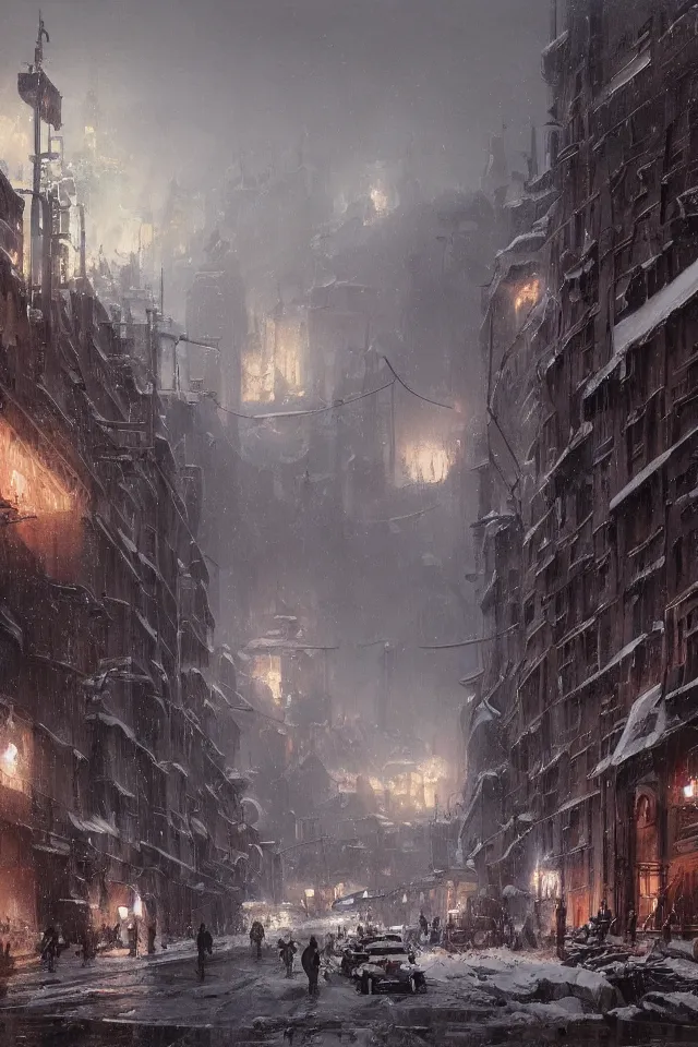 Prompt: highly detailed painting of dieselpunk stockholm, winter, snow, dystopia, by greg rutkowski, by raphael lacoste, 4 k resolution, trending on artstation