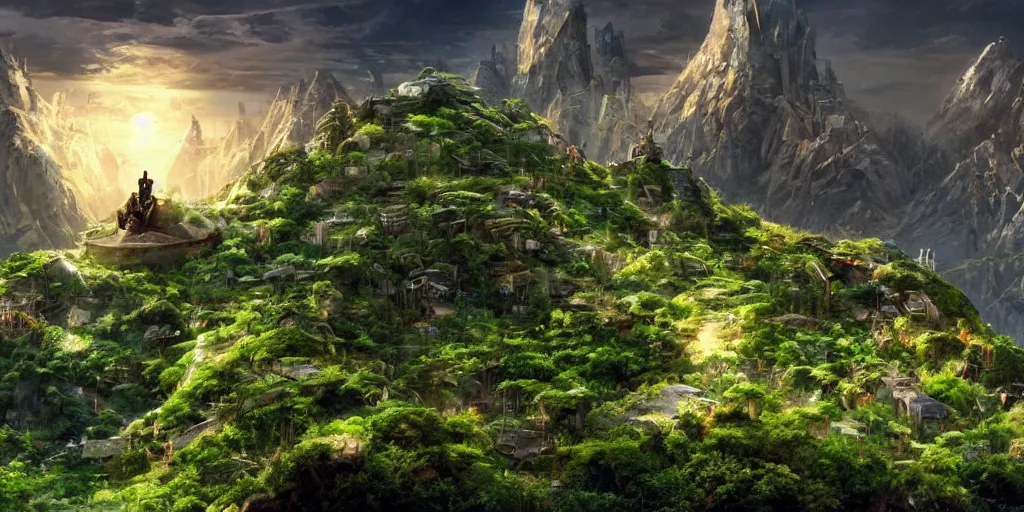 Image similar to a cinematic composition : where a myserious character floats atop a mountain radiating his transformative energy, the energy shifts the cybernetic cyberpunk civilization in the valley to a lush green overgrowing solarpunk civilization