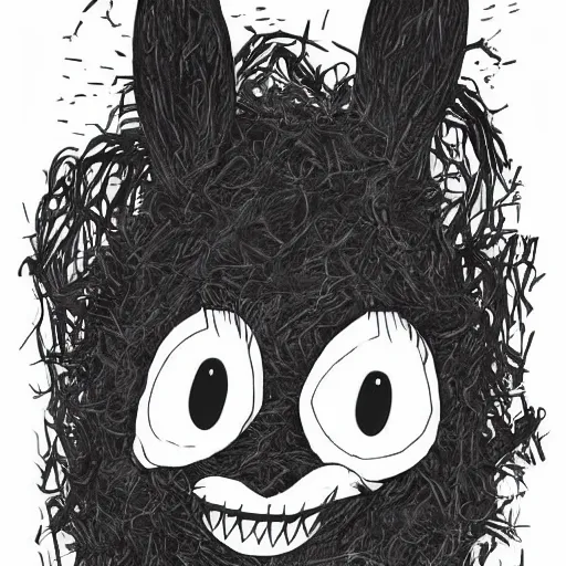 Image similar to A extremely highly detailed majestic hi-res beautiful, highly detailed head and shoulders portrait of a scary terrifying, horrifying, creepy black cartoon rabbit with scary big eyes, earing a shirt laughing maniacally , let's be friends, in the style of a Walt Disney cartoon