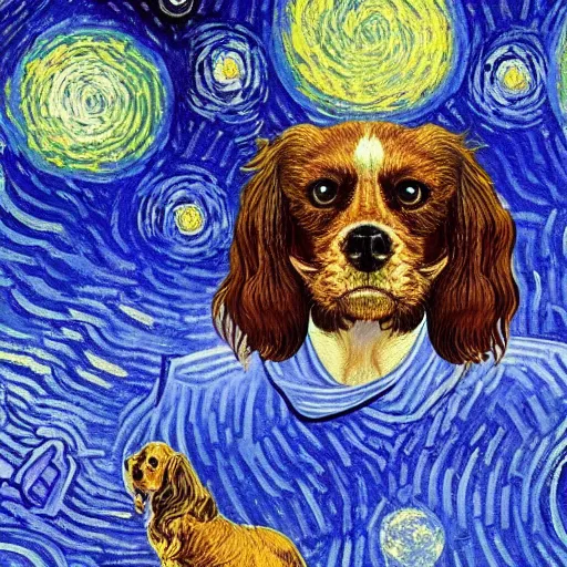 Prompt: a celestial field spaniel in space by Vincent van Gogh, visionary, masterpiece