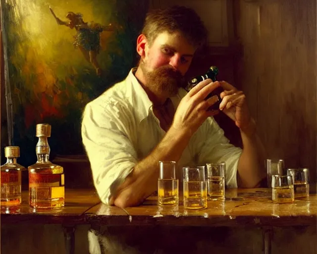 Image similar to an exhausted painter in his studio with a bottle of whisky. highly detailed painting by gaston bussiere, craig mullins, j. c. leyendecker 8 k