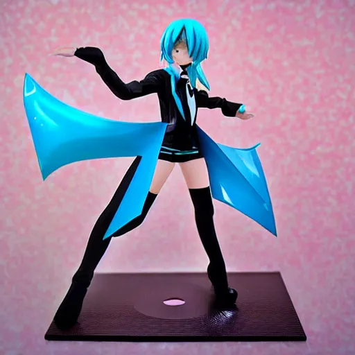 Image similar to putin cosplay hatsune miku isolated vinyl figure, figure photography, dynamic pose, holographic undertones, motion shapes color design, glitter accents on figure, anime stylized, sharp focus, accurate fictional proportions, high delicate defined details, ethereal lighting