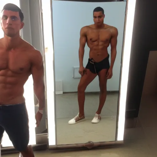 Image similar to a chad posing in front of a mirror, flexing