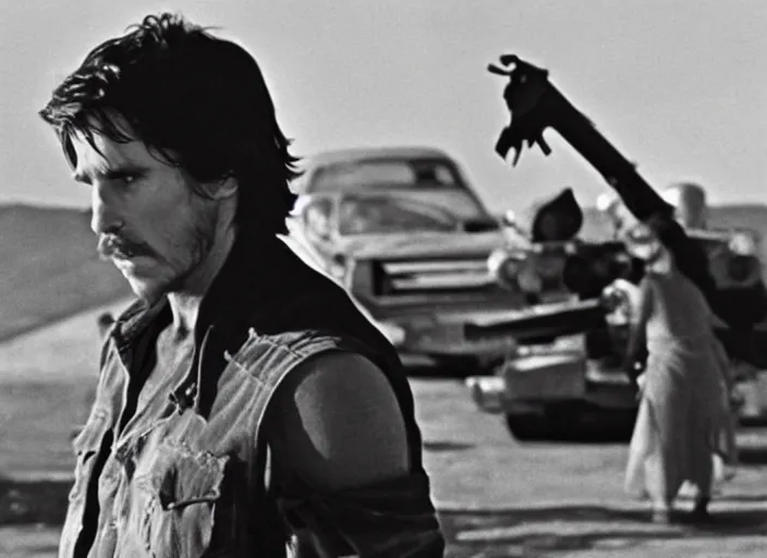 Image similar to film still of Christian Bale as Max in Mad Max 1979