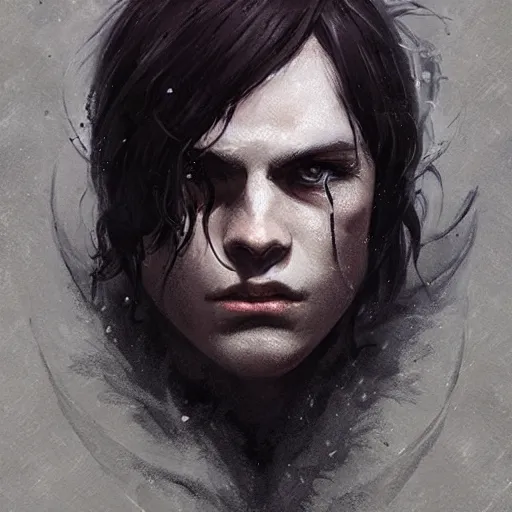 Prompt: portrait of a tiefling boy with long dark hair, horns, and pitch black eyes, dungeons and dragons character, art by Greg Rutkowski