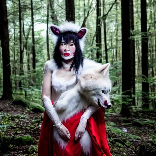 Prompt: Princess Mononoke as a real person, asian woman with red facepaint, determined expression, looking at the camera, standing next to a white wolf, in a forest, telephoto, backlit, 85mm lens, f1.8, highly detailed