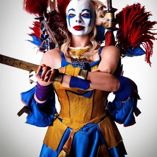 Prompt: photo of Margot Robbie as a jester warrior with weapons