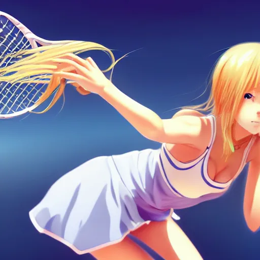Prompt: a very beautiful young anime tennis girl, full body, long wavy blond hair, sky blue eyes, full round face,, bikini, miniskirt, front view, mid - shot, highly detailed, cinematic wallpaper by stanley artgerm lau