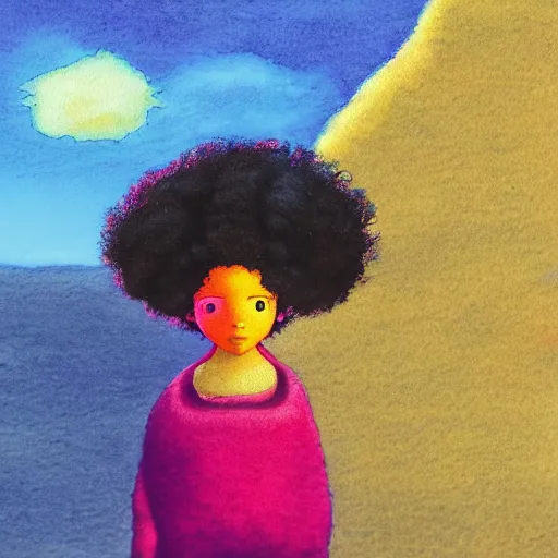 Image similar to a black girl with a colorful afro and rainbow eyes, relaxing on the beach at sunset, bright colours, watercolor, volumetric wool felting, macro photography, children illustration, by goro fujita