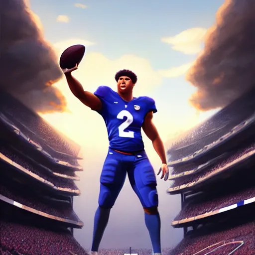 Image similar to highly detailed portrait of saquon barkley towering over a football stadium, unreal engine, fantasy art by greg rutkowski, loish, rhads, ferdinand knab, makoto shinkai and lois van baarle, ilya kuvshinov, rossdraws, tom bagshaw, global illumination, radiant light, detailed and intricate environment h 6 0 4