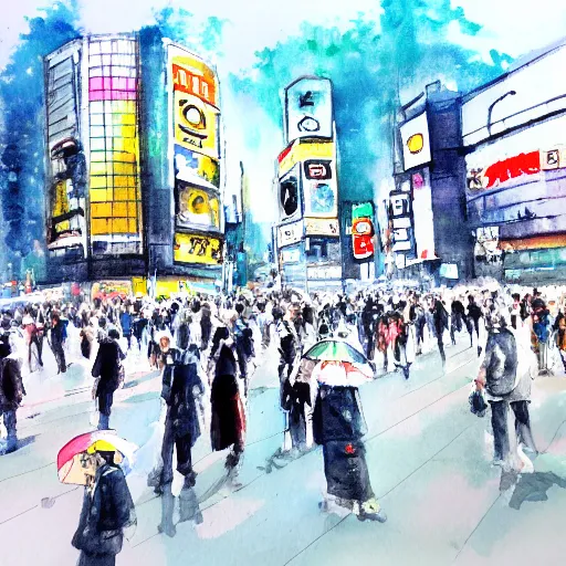 Prompt: shibuya crossing, water color painting