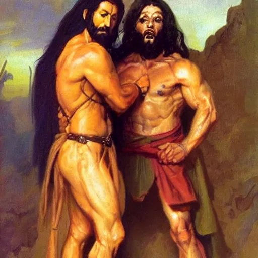 Image similar to jesus christ, a powerful long haired man in a robe. he's standing above a wounded roman soldier, mocking him. oil painting in the style of frank frazetta, boris vallejo, ilya repin. warm colors. detailed and realistic. concept art