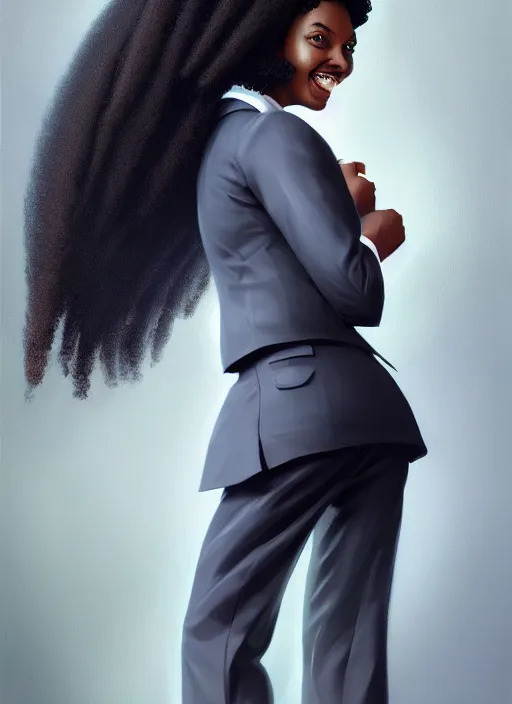 Prompt: full body portrait of young black woman with natural hair as a realtor, corporate skirt suit, intricate, beaming smile, angelic halo, highly detailed, digital painting, artstation, concept art, smooth, sharp focus, illustration, art by wlop, mars ravelo and greg rutkowski