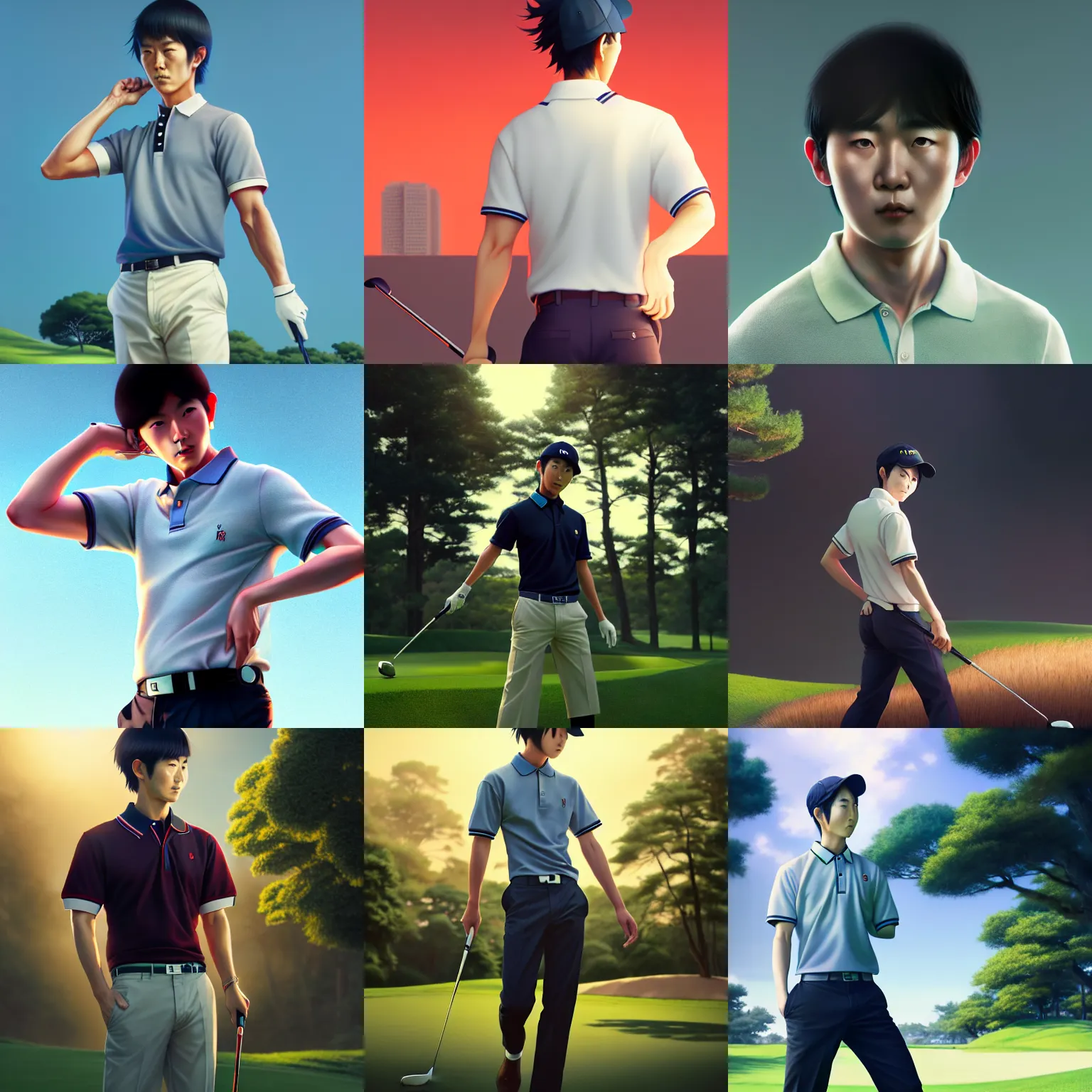 Prompt: japanese golf man wearing polo shirt, by tom bagshaw and ilya kuvshinov, rtx rendering, octane render 1 2 8 k, maya, extreme high intricate details by wlop, digital anime art by ross tran, medium shot, composition by sana takeda, dramatic lighting by greg rutkowski