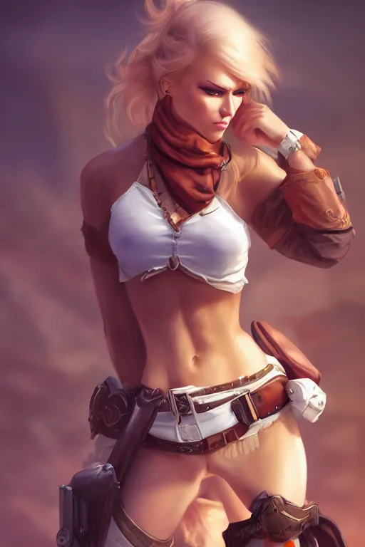 Image similar to full body, female cowgirl, perfect face, white blouse, empty gun holster, 8 k, magic the gathering, desert, d & d, artstation, high detail, smooth, muscular