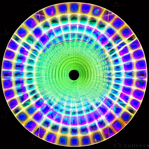 Prompt: A mandala of 40 perfectly conical glass prisms in a circle is placed in front of a bright white light source while the camera taking the picture is pointed at the wall, the white light passing through Intersecting a plane through a prism and illuminating it with a very vivid spectral caustics, very very clear, HD, 16k