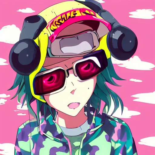 Image similar to anime girl with eccentric clothes, eccentric hairstyle, cel - shading, 2 0 0 1 anime, flcl, jet set radio future, golden hour, underground facility, underground tunnel, pipes, rollerbladers, rollerskaters, cel - shaded, jsrf, strong shadows, vivid hues, y 2 k aesthetic