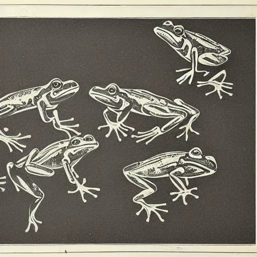 Image similar to full page antique lithograph blueprint of frogs, White background, art print, clean brush stroke