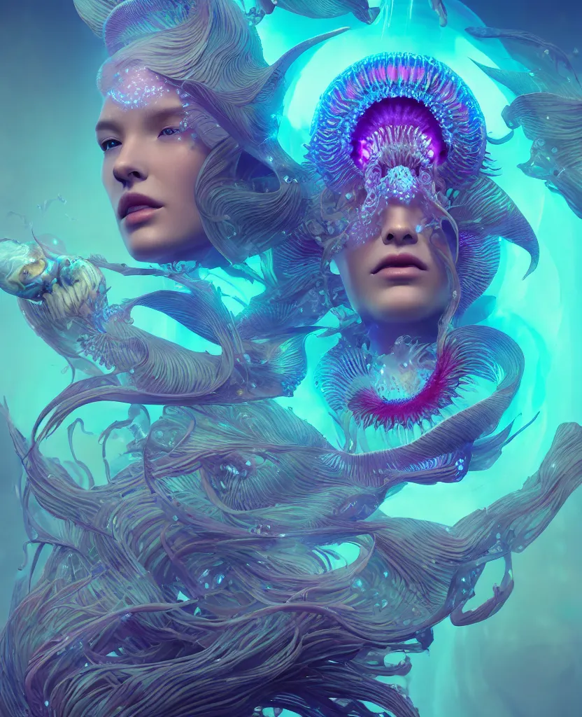 Image similar to goddess close-up portrait. chimera orchid jellyfish phoenix head, nautilus, skull, betta fish, bioluminiscent creatures, intricate artwork by Tooth Wu and wlop and beeple. octane render, trending on artstation, greg rutkowski very coherent symmetrical artwork. cinematic, hyper realism, high detail, octane render, 8k