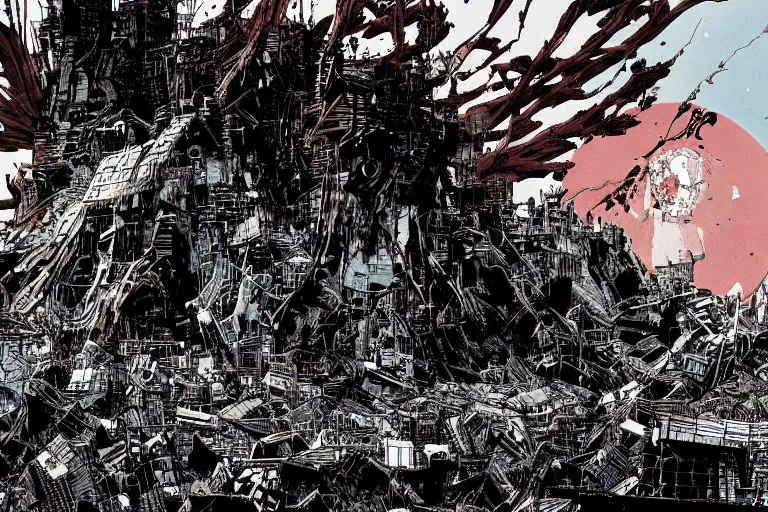 Prompt: no man's land, remnants of the human civilization, post-apocalyspe, a color illustration by Tsutomu Nihei and Katsuhiro Otomo