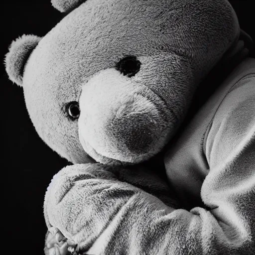 Prompt: Portrait studio photograph of baby Kanye West with a anthropomorphic teddy bear, close up, shallow depth of field, in the style of Felice Beato, Noir film still, 40mm