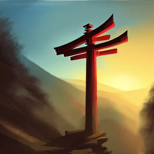 Image similar to Japanese Torii in a moutain ,night , by Grzegorz Rutkowski, concept art