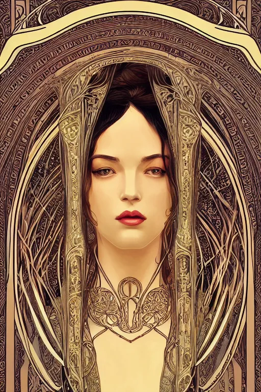 Image similar to high priestess, intricate, elegant, highly detailed, concept art, sharp focus, beautiful face!!, digital art, smooth defined outlines!!, human anatomy, human structure, vector background, art nouveau vector background, by Brom, trending on Artstation, Alphonse Mucha, Tom Bagshaw, Sargent