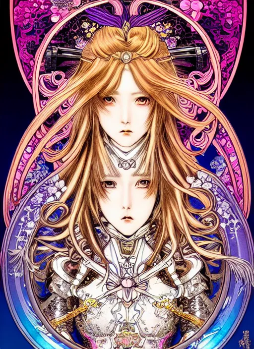 Prompt: highly detailed terada katsuya ayami kojima atrstation manga poster of princess mechine, rainbow gradient reflection, cute face by artgerm, art nouveau, long hair, armor, dress, laces, ruffles, 8 k, maximalist, golden ratio, jump comics