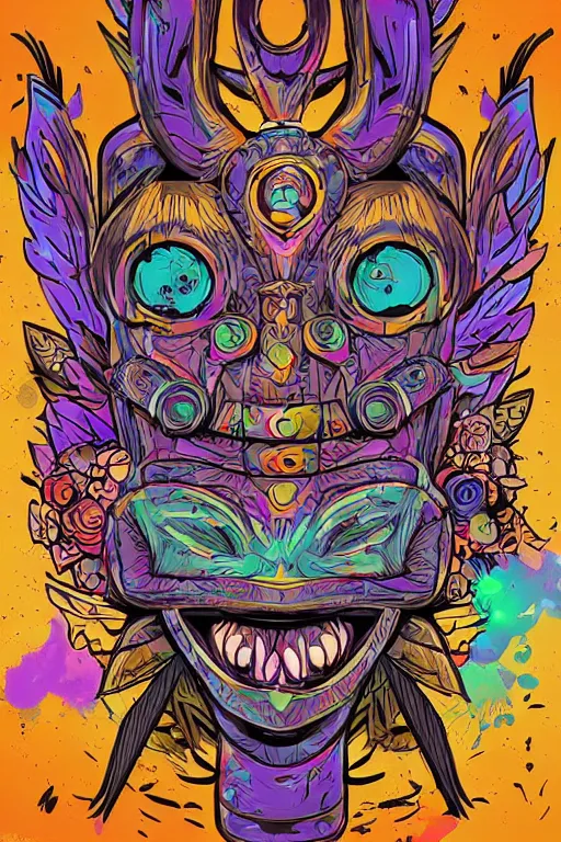 Image similar to animal mask totem roots flower tribal feather gemstone plant wood rock shaman vodoo video game vector cutout illustration vivid multicolor borderlands comics by josan gonzales and dan mumford radiating a glowing aura