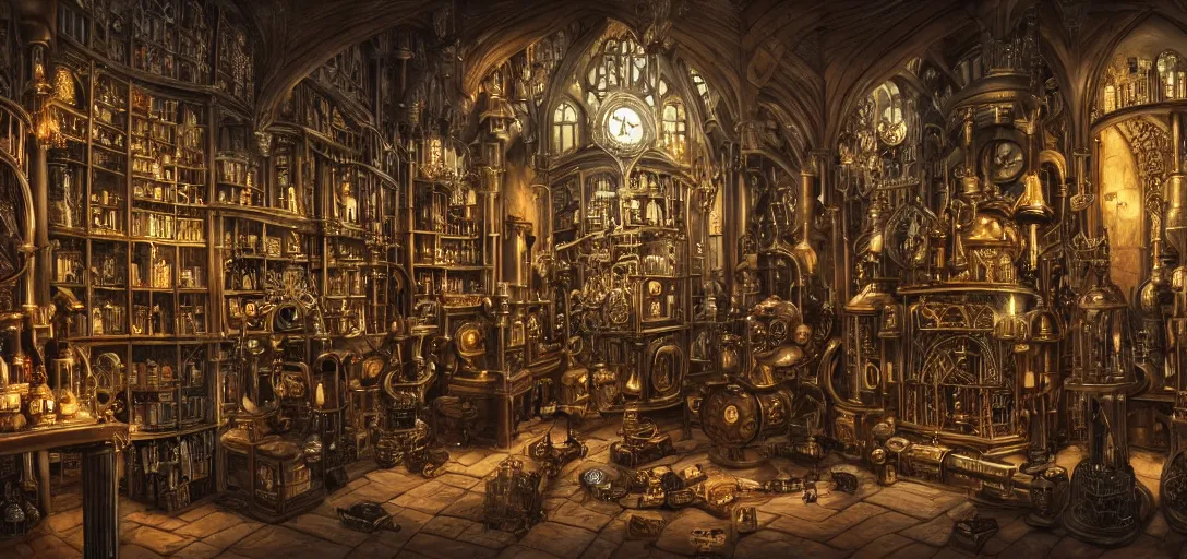 Image similar to An intricate scene of an interior of a gothic castle with a lot of magic bottles and mechanisms of an alchemist, other bookshelves with bottles and alchemy stuff in the background::huge mechanical clocks in the center of composition with a lot of pipes and wires::dark fantasy, detailed concept art, artstation, high details::8K, 4K, sharp focus, octane render