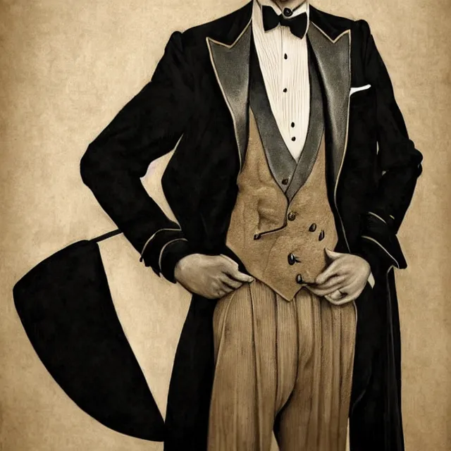 Image similar to photorealistic sepia kodachrome portrait of a 1 9 2 0 s era male magician, well dressed, long - tailed tuxedo coat, atmospheric lighting, dark, brooding, painted, intricate, ultra detailed, well composed, best on artstation, cgsociety, epic, stunning, gorgeous, intricate detail, much wow, masterpiece