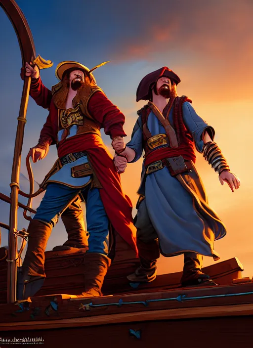 Image similar to an epic fantasy comic book style portrait painting of two bumbling idiot sky - pirates on the deck of a skyship looking at a chest, unreal 5, daz, hyperrealistic, octane render, cosplay, rpg portrait, dynamic lighting, very detailed faces