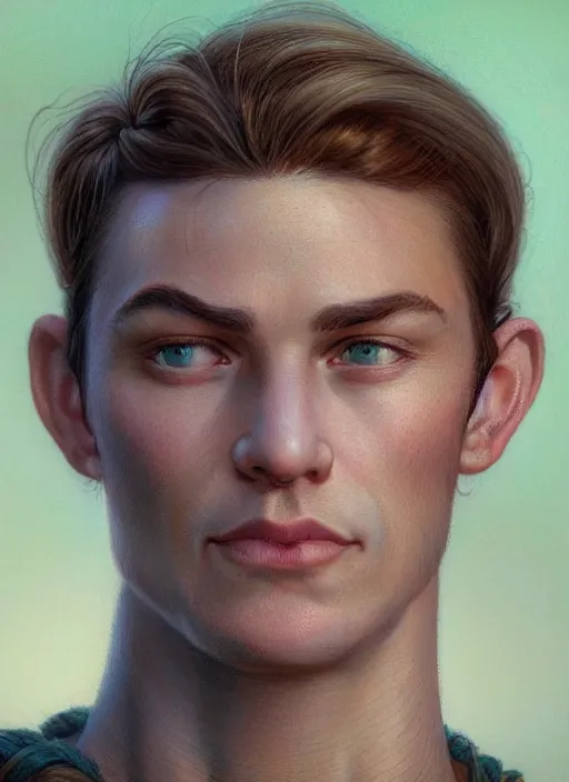 Image similar to a spiritual man in his twenties smirking with medium light brown hair tied back, light green eyes, a large forehead, a widows peak and a round face with high cheekbones and full lips as a realistic d & d fantasy character, portrait art by donato giancola and greg rutkowski, vintage retro, realistic face, digital art, trending on artstation